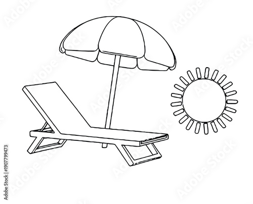 Black and white illustration of a beach scene with a sun lounger and umbrella under a bright sun, evoking a relaxed, summertime vibe.