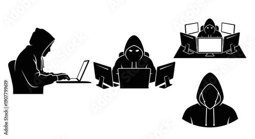 Hacker Silhouette Set of Hooded Cybercriminals Using Multiple Computers for Data Breach and Cybercrime Concepts