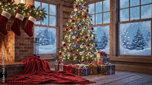 Cozy Christmas Living Room with Burning Fireplace and Decorated Tree