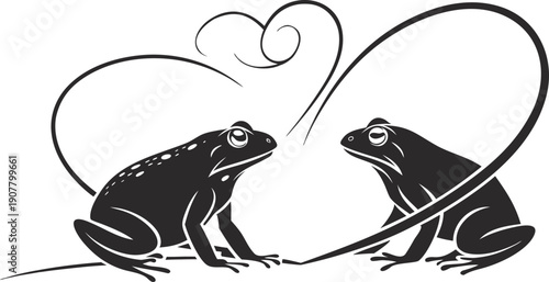 Two cartoon frogs facing each other, connected by elegant swirling lines forming a heart shape, black and white vector art with clear background