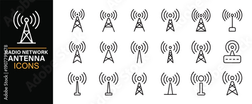 Broadcasting radio tower line icons collection