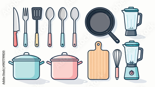 Modern Minimalist Pastel Kitchenware Vector Illustration Set