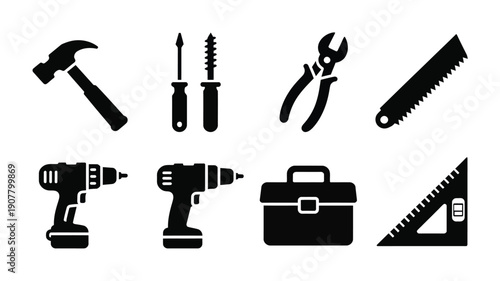 Monochrome Industrial Repair Tool Silhouette Icon Graphic Set