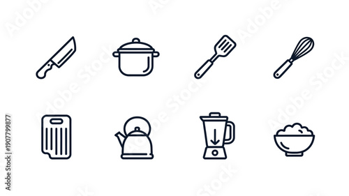 Minimalist Kitchen Utensil Line Art Icon Collection Set