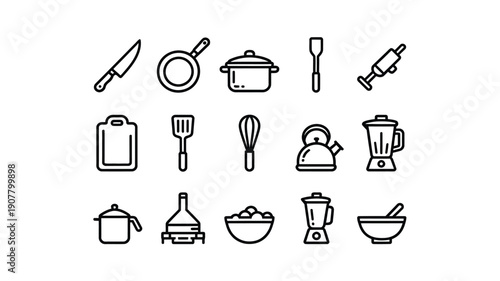 Minimalist Black Outline Kitchen Utensil and Culinary Appliance Icon Set