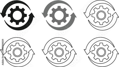 Gear icons with circular arrows in various styles and colors