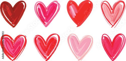 Vibrant heart shapes in various red and pink hues for love and care concepts