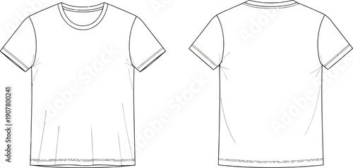 Detailed line drawing of a white t-shirt front and back