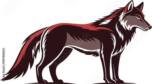 Stylized dark red wolf with striking red accents and intense eyes powerful predator