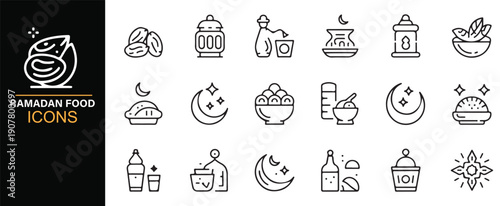 Ramadan food and beverage symbol icons collection