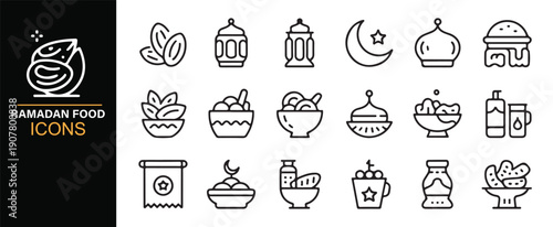 Suhoor and iftar food line icons collection