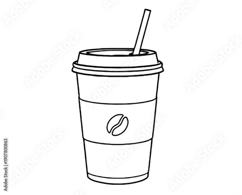 Line drawing of a disposable coffee cup with a lid and straw, displaying a coffee bean logo on the sleeve. The image is simple and minimalistic.