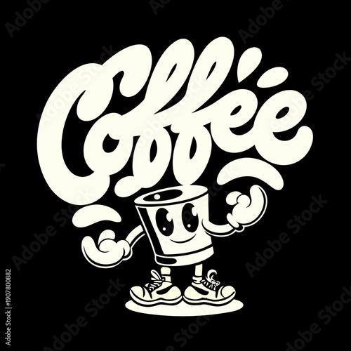 A cartoon coffee cup character flexing with a happy face