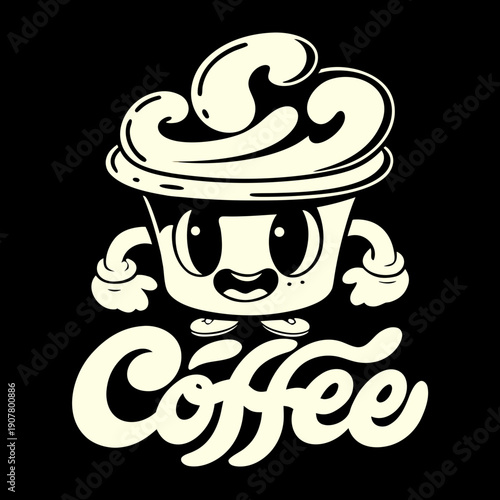 A cartoon coffee cup with a smiling face