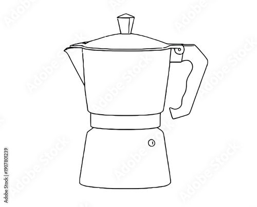 Line drawing of a stovetop coffee maker with a hexagonal lid, curved spout, and ergonomic handle, conveying a minimalist, classic design.