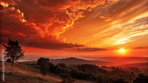 Fiery Sunset Sky Over Rolling Hills and Mountains