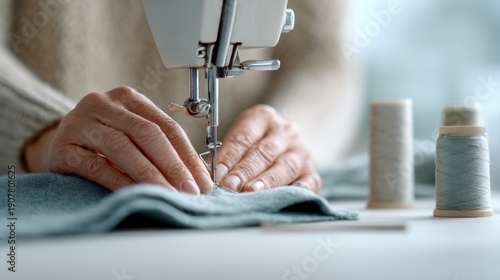 Wallpaper Mural Intricate Craftsmanship in Textile Arts: A Close-Up of Hands Skillfully Operating a Sewing Machine with Thread and Fabric for Creative Projects Torontodigital.ca