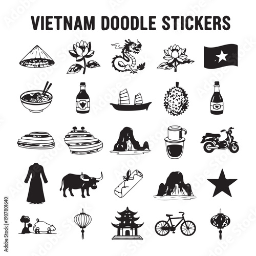 Vietnam doodle stickers, hand drawn Vietnam icons, travel Vietnam doodles, Vietnamese culture stickers, Vietnam sketch icons, travel sticker pack, doodle illustration set

