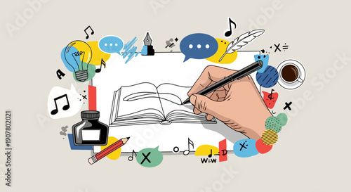 Creative writing process with open book and hand holding pen.