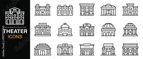 Theater building linear icon collection for culture and entertainment