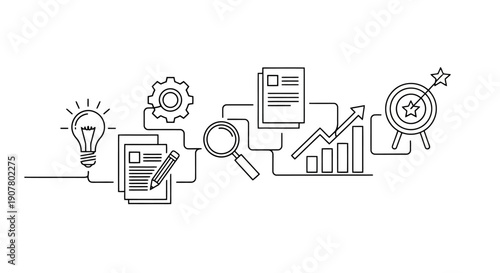 Business process flow chart with icons for idea analysis and goal achievement.
