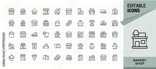 Set of Bakery Shop line icon. Contain linear symbols baker, bakery, food, bake, pie and more. Outline icons in linear style. Cake Shop modern icon set. Editable stroke. Vector illustration.