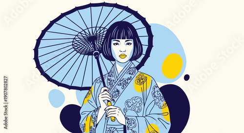 Japanese woman wearing blue kimono holding umbrella with abstract art