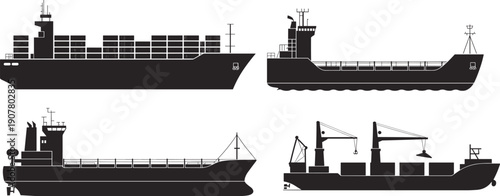 Cargo container ships and freight vessels silhouettes maritime transport logistics shipping industry black vector illustration isolated set collection