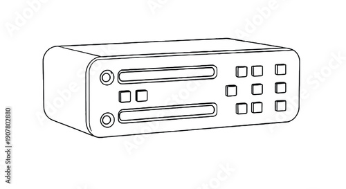Outline drawing of a rectangular audio cassette player with two wheels, dual slots, and multiple square buttons on the front, conveying a retro technology vibe.