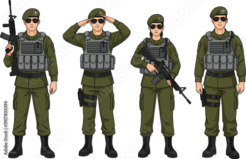Military soldiers character set in tactical uniform with rifle saluting standing poses army security forces cartoon vector illustration
