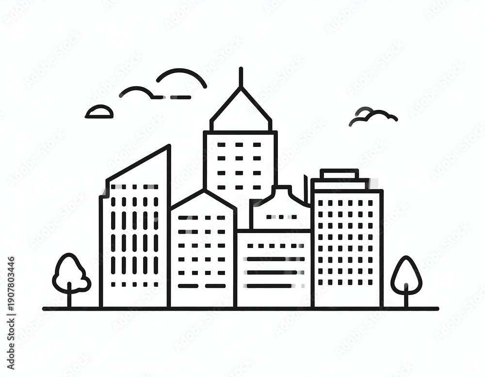 Obraz premium Monochrome urban landscape design with minimalist buildings and clouds