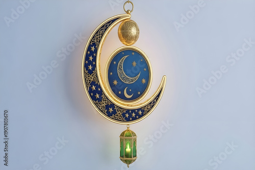 Decorative Golden Crescent Moon Wall Hanging with Lantern and Star Designs