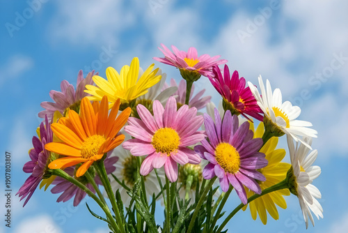Colorful bouquet of daisies with bright petals blooming against a clear sky