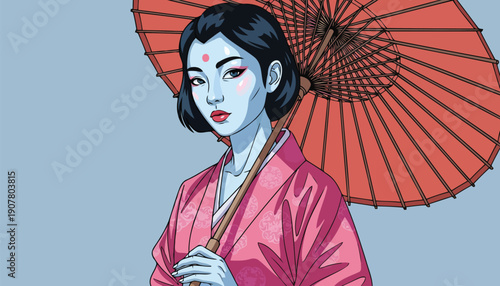 Japanese geisha woman portrait in pink kimono with red umbrella art