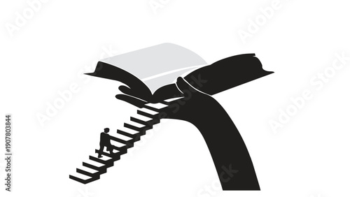 Conceptual illustration of a person climbing stairs to a book held by a giant hand, representing knowledge as a gateway to success.