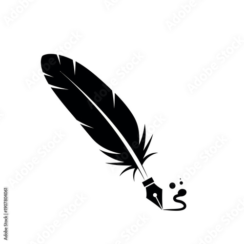 Elegant Black Feather Quill Pen with Ink Splatter.