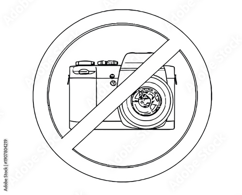 Line drawing of a camera inside a circle with a diagonal slash, symbolizing no photography allowed. Simple, clear, and direct messaging.