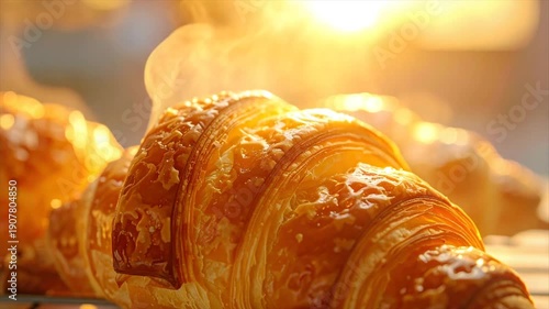 Golden-brown, flaky croissants steaming in the warm light. Close-up reveals textures