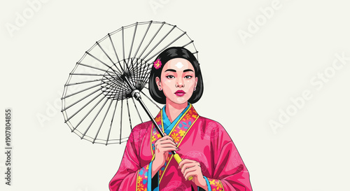 Beautiful Asian woman with flower in hair holding parasol vector art