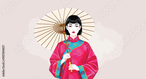 Beautiful Asian woman in pink traditional dress holding paper parasol