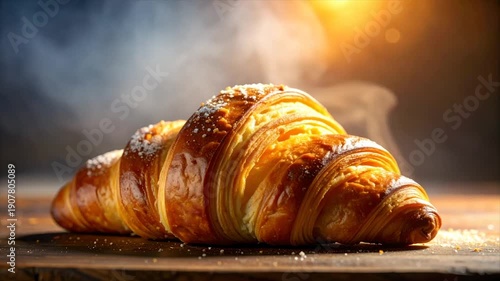 A golden, flaky croissant sits on a wooden surface with steam and bright sunlight