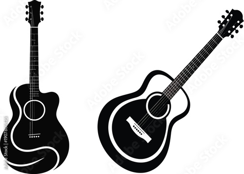 Modern acoustic guitar silhouette illustration in black and white, minimalist musical instrument vector art for concert posters, band logos, and creative music studio branding