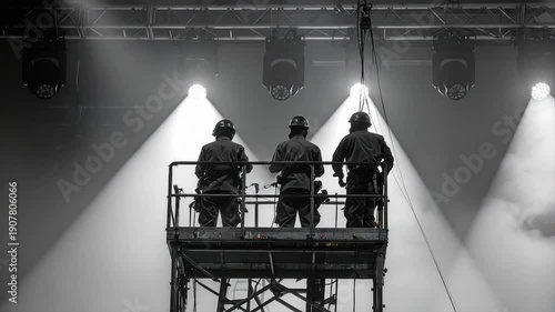 Three figures on a lift adjust stage lights, backlit by beams. Monochrome