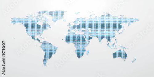 A blue vector illustration of a dotted world map on a global planet globe featuring continents like Europe, Asia, and America for geography, travel, and business atlas design