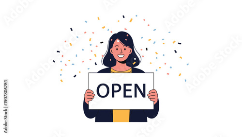 Cheerful business woman holding a white sign with the word open to celebrate a grand opening under falling colorful confetti.