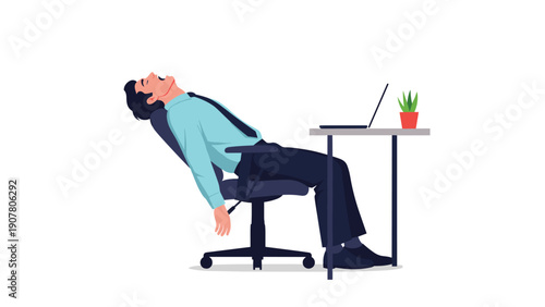 Exhausted office worker slumped back in his chair and yawning loudly at his desk with a laptop and a small plant.