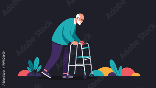 Senior man with a white beard using a metal walker to move forward slowly against a dark background with colorful abstract plants.