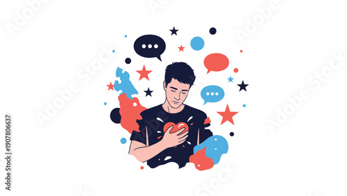 Young man looking down with a sad expression while holding a red heart against his chest surrounded by speech bubbles and stars.