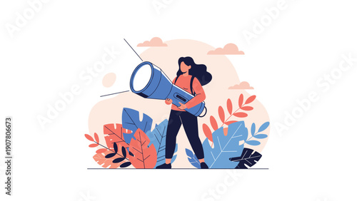 Woman standing among colorful oversized leaves while holding a giant blue flashlight to illuminate her path or search for something new.