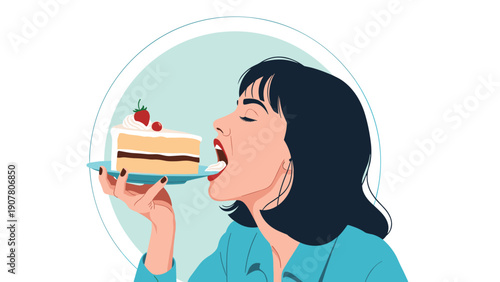 Profile of a young woman happily taking a big bite of a delicious slice of layered cake with a strawberry on top.